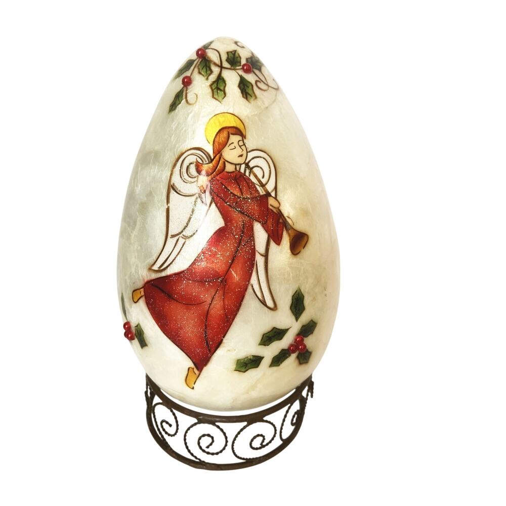 Vintage Hand Painted Angel Capiz Shell Egg w/ Stand 7" Made in Philippines
